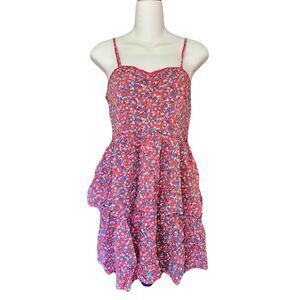 Rachael & Chloe Floral Tiered Dress – Women’s Large – Red with Blue Flowers